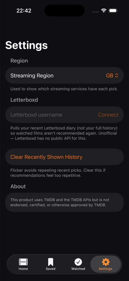 Flicker settings screen with Letterboxd connect field